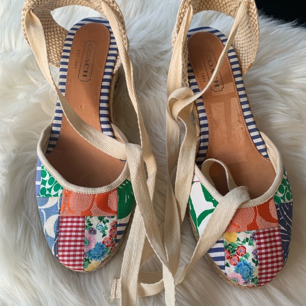 Coach Multicolor Patchwork Espadrille Wedge Sandals - Picture 2 of 8